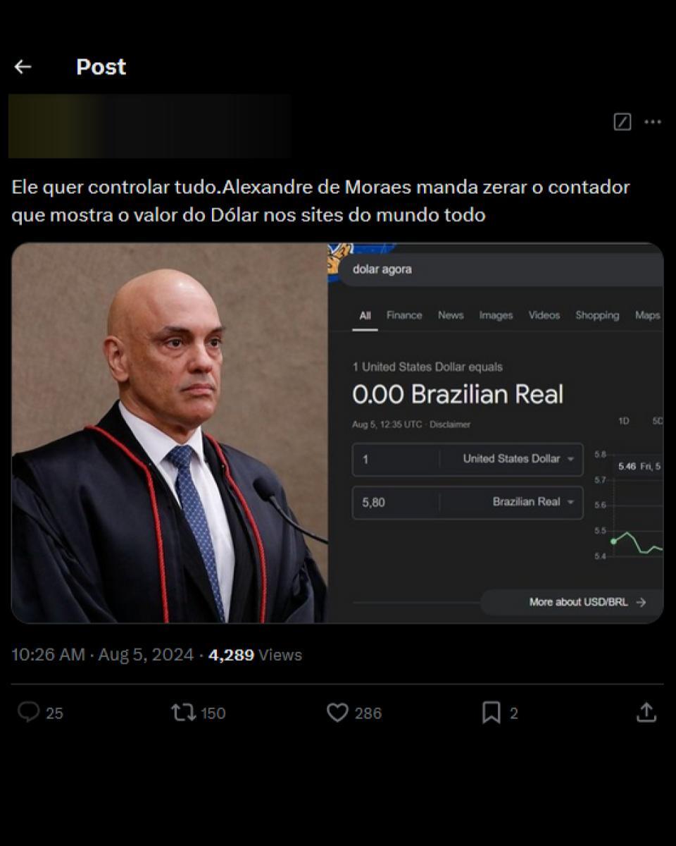 É falso que Alexandre de Moraes tirou do ar ferramenta de cotação de