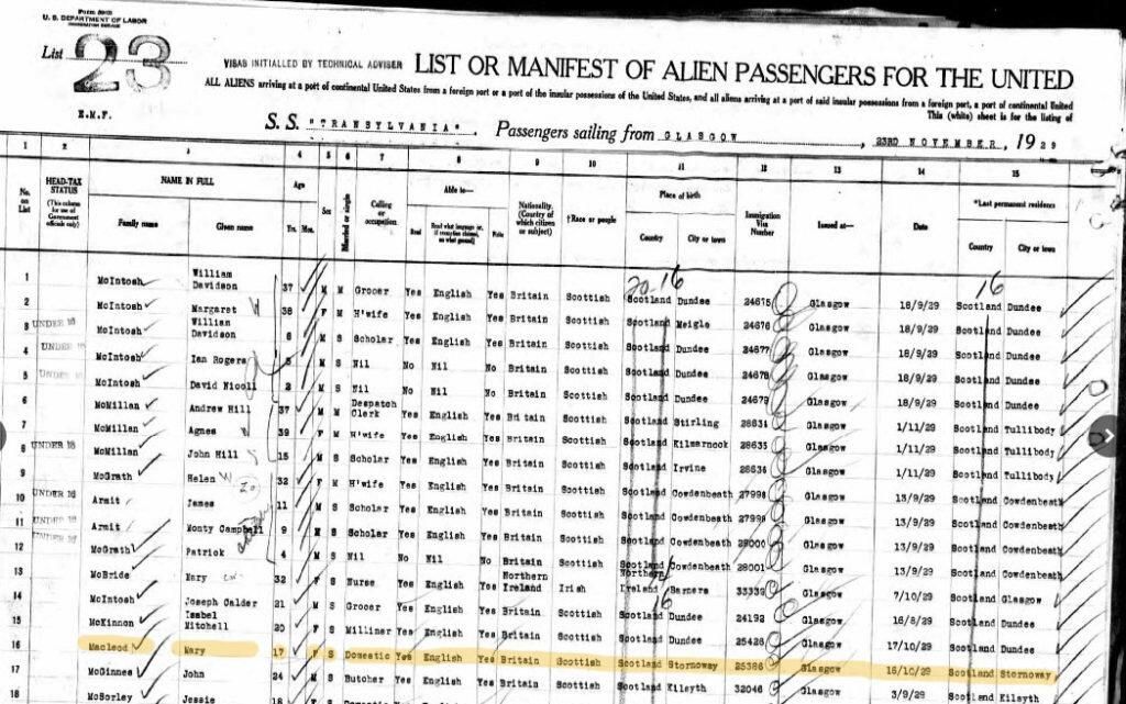 Imagem mostra que Mary Anne já imigrava de maneira legal aos EUA desde 1929, sendo que um dos vistos foi emitido em outubro daquele ano (Reprodução/Snopes/Ancestry.com)