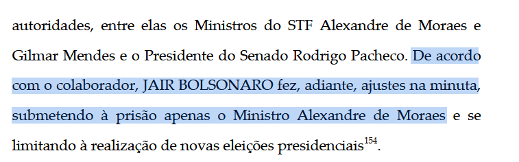 Trecho da denúncia onde se lê “De acordo com o colaborador, Jair Bolsonaro dez, adiante, ajustes na minuta, submetendo à prisão apenas o Ministro Alexandre de Moraes e se limitando à realização de novas eleições presidenciais”
