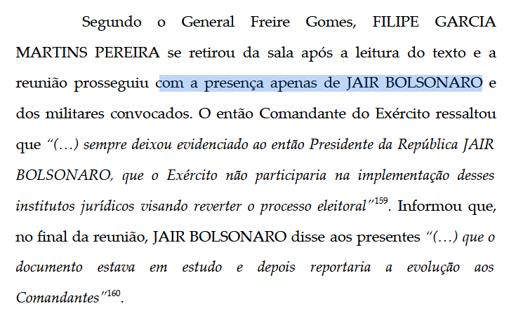 Trecho da denúncia diz que ‘Segundo o General Freire Gomes, Filipe Garcia Martins Pereira se retirou da sala após a leitura do texto e a reunião prosseguiu com a presença apenas de Jair Bolsonaro e dos militares convocados’.