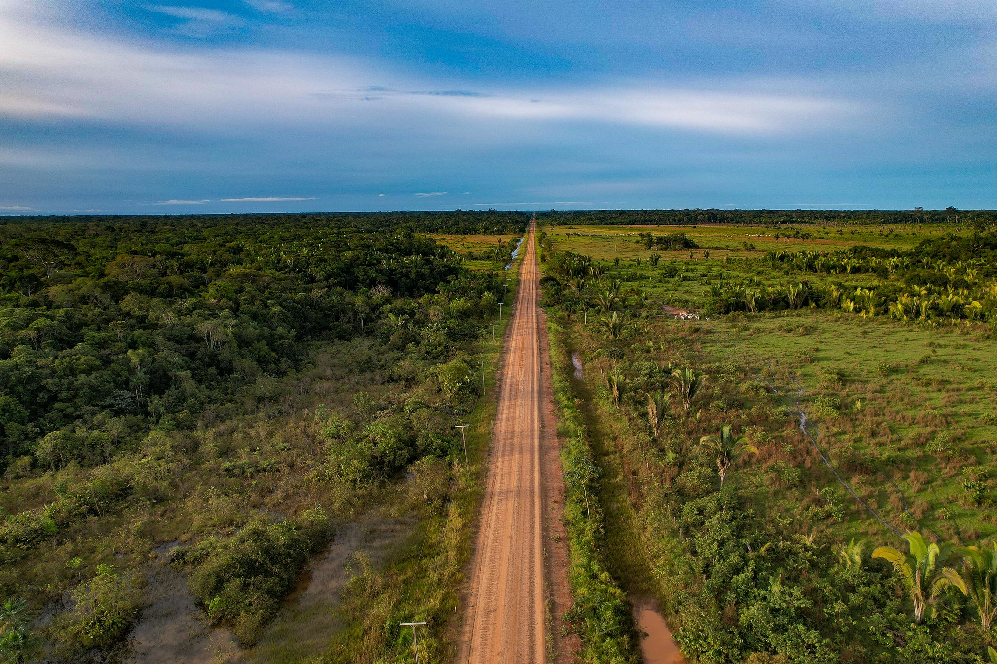 Estrada com terra avermelhada corta, em uma reta que termina no horizonte, uma área com floresta e propriedades rurais