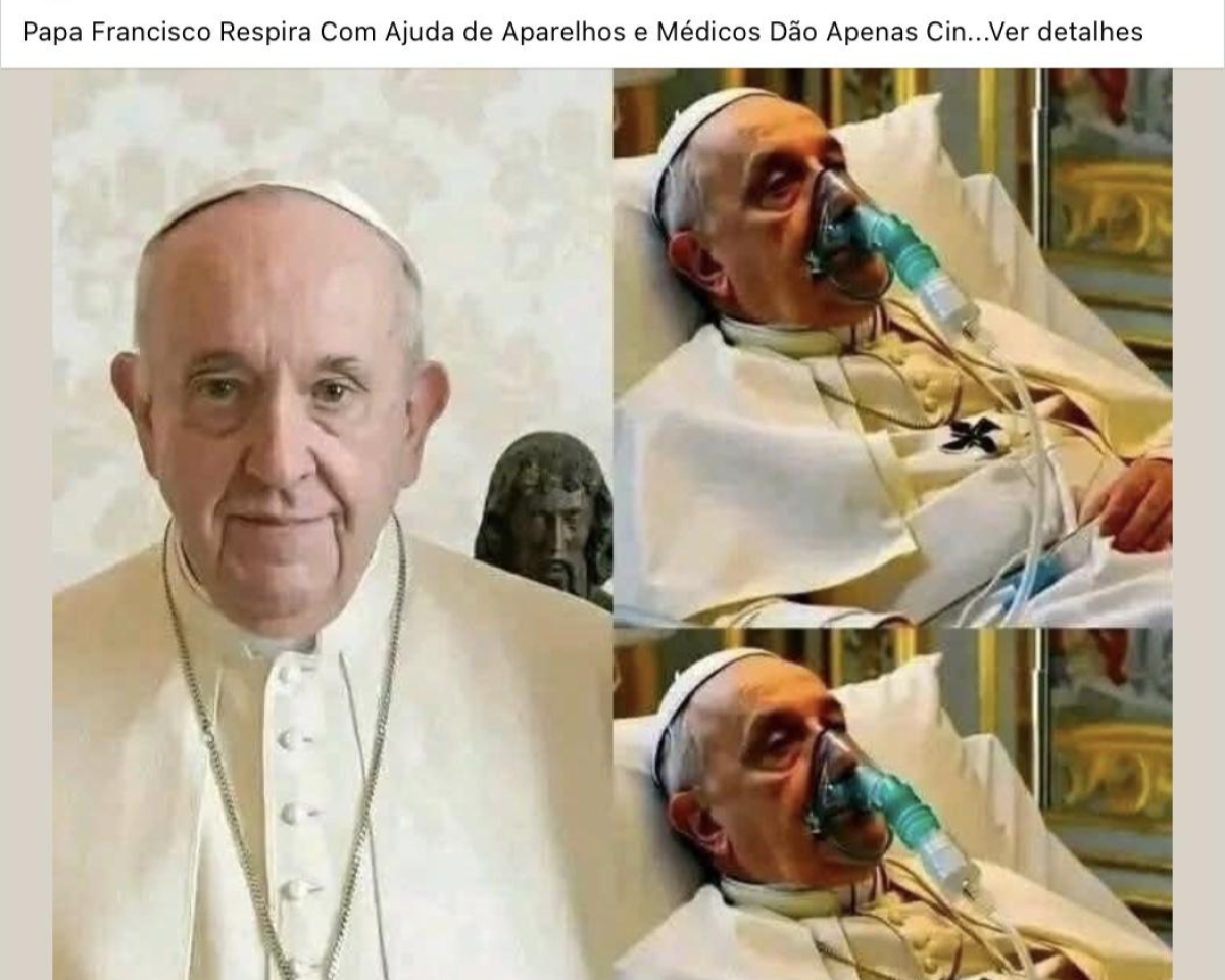 Publicação usa imagem gerada por inteligência artificial para enganar que cena mostraria o Papa Francisco hospitalizado.