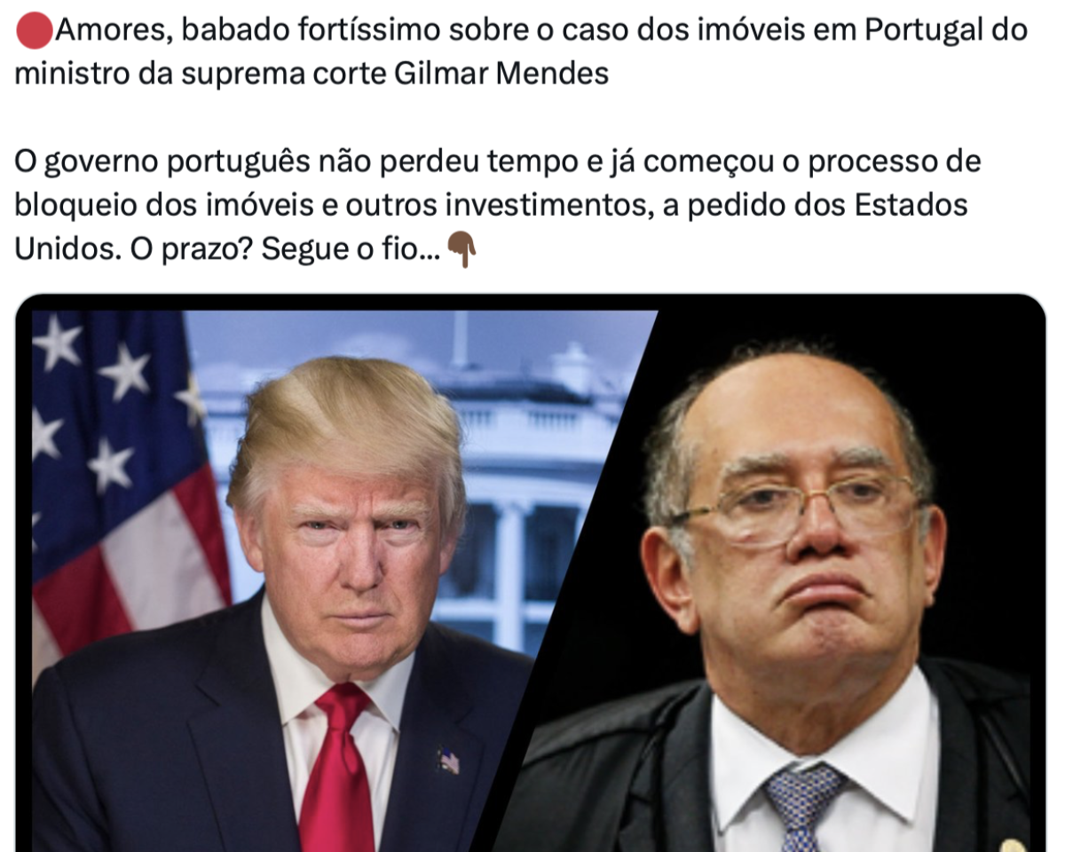 Captura de tela de uma publicação do X (ex-Twitter) que mostra o presidente dos Estados Unidos, Donald Trump, um homem branco de cabelos louros grisalhos, vestido com um terno azul, camisa branca e uma gravata vermelha, e o ministro do Supremo Tribunal Federal brasileiro, Gilmar Mendes, homem pardo, calvo e que usa óculos, uma toga preta sobre um terno preto com camisa branca e uma gravata azul e branca.