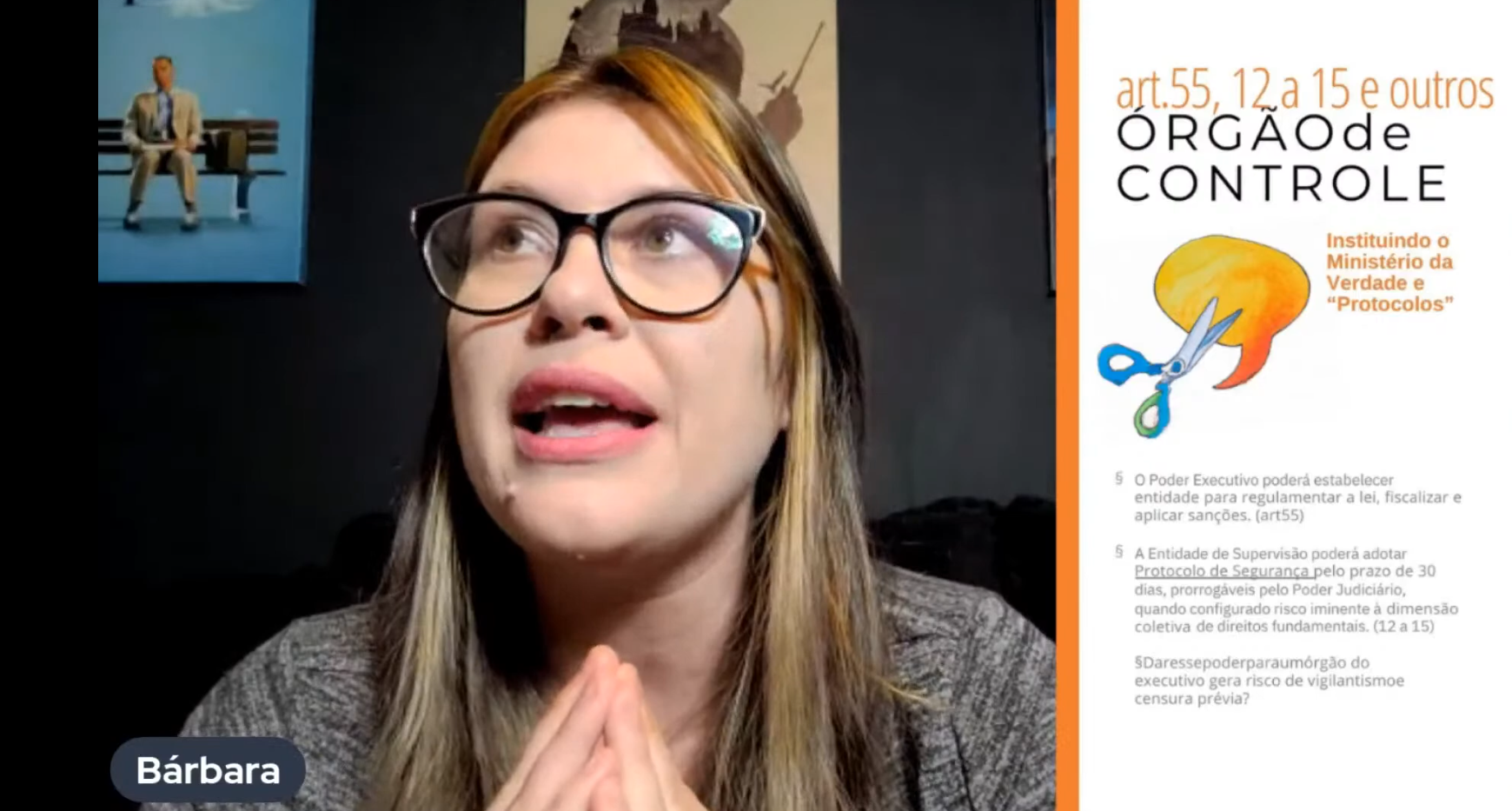  Frame mostra, à esquerda, Bárbara Destefani, que é uma mulher branca, loira, de óculos e batom cor de rosa e, à direita, uma página do panfleto do ICD que trata do “órgão de controle” previsto no PL das Fake News, na qual se lê “Instituindo o Ministério da Verdade e protocolos”