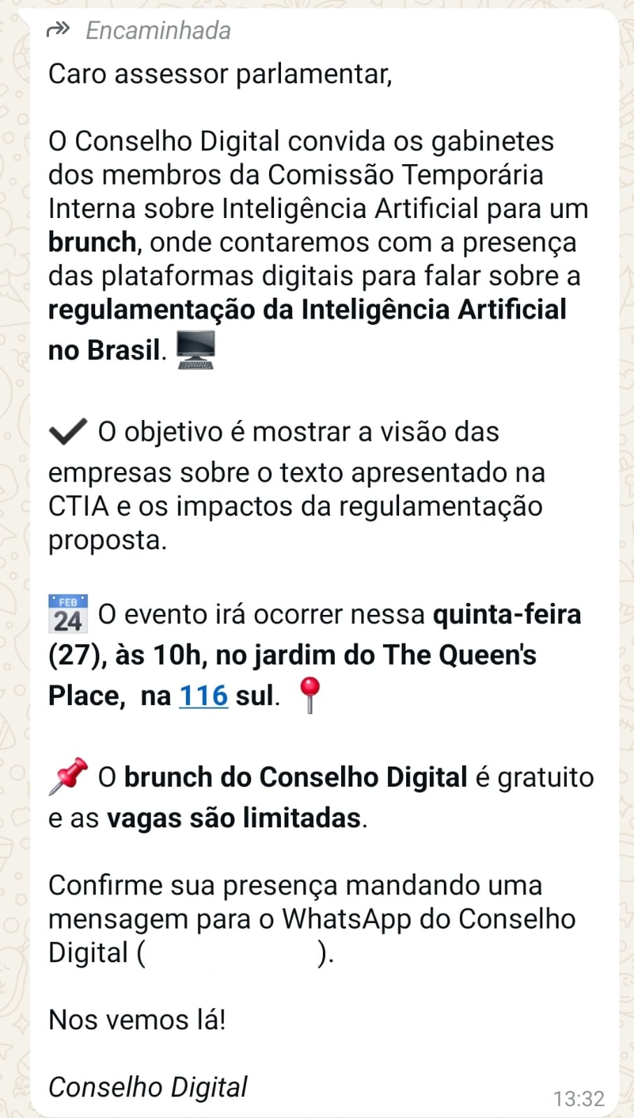 Mensagem de WhatsApp assinada pelo Conselho Digital convida assessores parlamentares para brunch em Brasília.