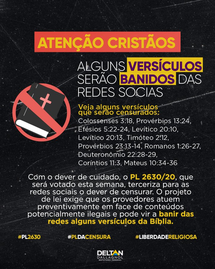 Card de fundo preto tem um símbolo de proibido sobre o desenho de uma Bíblia. Tarja vermelha destaca frase “atenção cristãos”. Texto segue dizendo que “alguns versículos serão banidos das redes sociais”, citando como primeiro exemplo o Colossenses 3:18.
