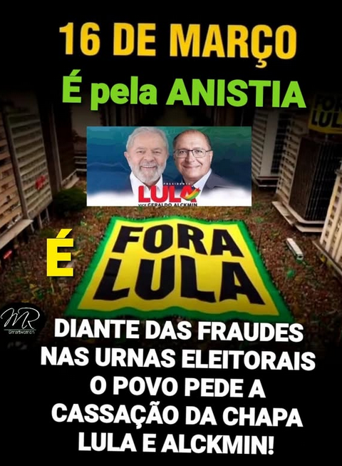 Foto aérea de manifestação na paulista. Legenda diz: ‘16 de março é pela anistia. É fora Lula. Diante das fraudes nas urnas eleitorais o povo pede a cassação da chapa Lula e Alckmin!’