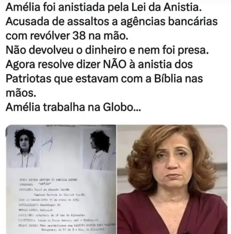 Foto de Miriam Leitão, mulher branca com cabelo loiro escuro e vestindo uma camisa vermelho bordô, é acompanhada da legenda ‘Amélia foi anistiada pela Lei da Anistia. Acusada de assaltos a agências bancárias com revólver 38 na mão. Não devolveu o dinheiro e nem foi presa. Agora resolve dizer NÃO à anistia dos Patriotas que estavam com a Bíblica nas mãos. Amélia trabalha na Globo…’
