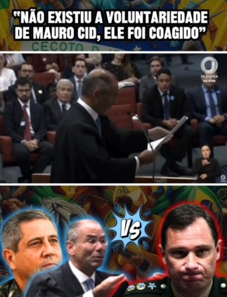 Card é dividido em três imagens. A primeira, com uma bandeira do Brasil ao fundo, traz entre aspas o texto ‘Não existiu voluntariedade de Mauro Cid, ele foi coagido’. No centro há o frame do vídeo do advogado de Braga Netto fazendo sua sustentação oral. Por fim, terceira imagem opõe os retratos de Braga Netto e de seu advogado ao de Mauro Cid, intercalando com ‘vs’ para indicar rivalidade.