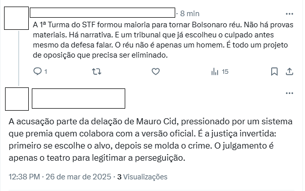 Thread no X diz que não há provas contra Bolsonaro, apenas ‘narrativa’, e que o tribunal decidiu que ele era culpado antes mesmo da fala da defesa. Segundo tuíte questiona validade da delação de Cid e chama julgamento de ‘teatro’.