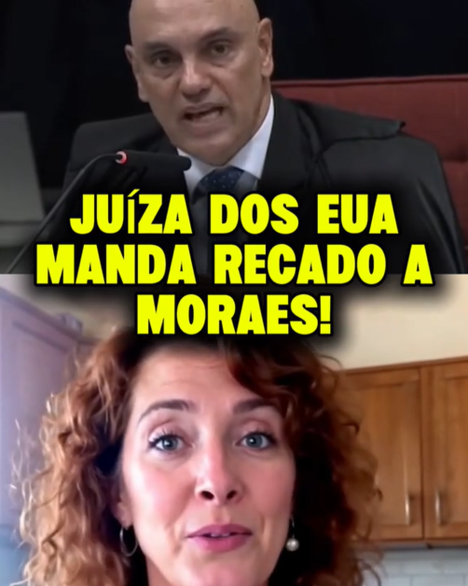 Na parte superior da imagem aparece o ministro do STF Alexandre de Moraes — homem calvo usando uma camisa branca e toga preta. Na parte inferior aparece uma mulher branca, com olhos claros e cabelos cacheados de tom castanho. Legenda enganosa sobre a imagem diz: ‘Juíza dos EUA manda recado a Moraes!’