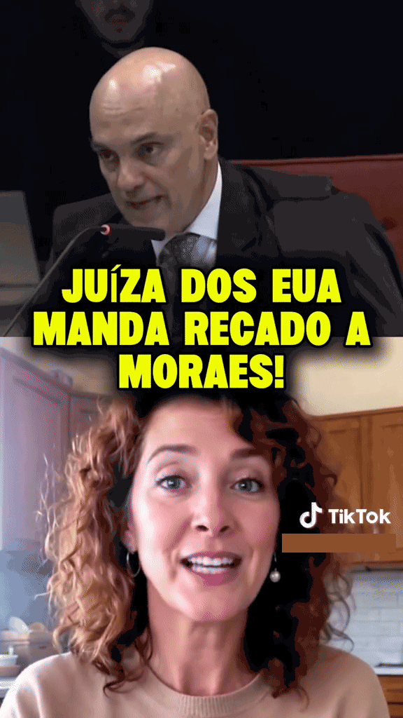 Imagem em movimento dividida ao meio. Na parte superior, aparece o ministro do STF Alexandre de Moraes — homem calvo usando uma camisa branca e toga preta. Na parte inferior, há uma mulher com cabelos cacheados de tom castanho que usa uma blusa bege. Legenda enganosa sobre a imagem diz: ‘Juíza dos EUA manda recado a Moraes!’