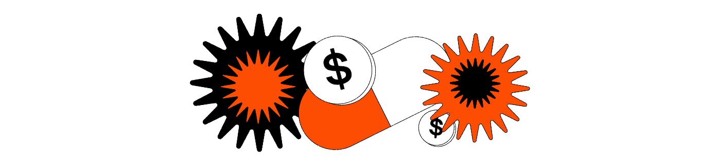 Ilustração abstrata com uma cápsula de medicamento em branco e laranja, cercada por ícones de cifrão ($) e explosões gráficas alaranjadas, simbolizando possíveis custos ou impactos financeiros associados a tratamentos médicos ou farmacêuticos.