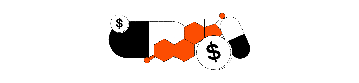 Ilustração abstrata de elementos gráficos interligados, incluindo hexágonos alaranjados, círculos brancos com o símbolo de cifrão ($) e formas geométricas variadas, representando um conceito financeiro ou econômico.