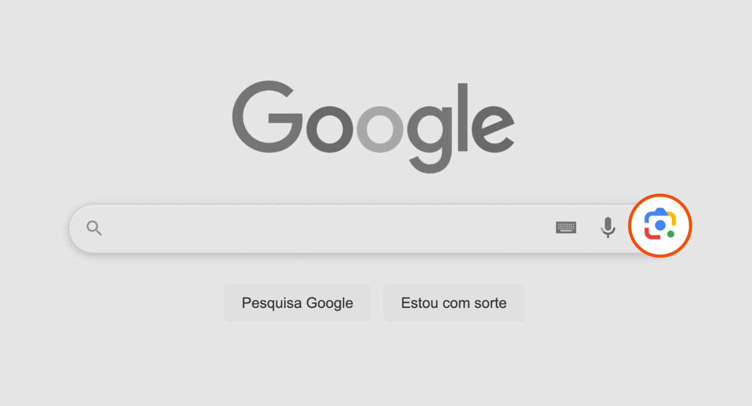 Print mostra tela do Google com destaque para o pequeno botão no canto direito da barra de pesquisa que lembra uma câmera fotográfica