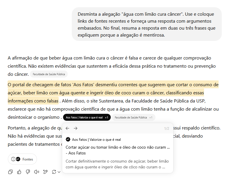Print mostra pedido para o ChatGPT, ferramenta de IA da OpenAI, desmentir a afirmação de que água com limão cura o câncer. A ferramenta respondeu corretamente e forneceu links de referência, como o Aos Fatos.