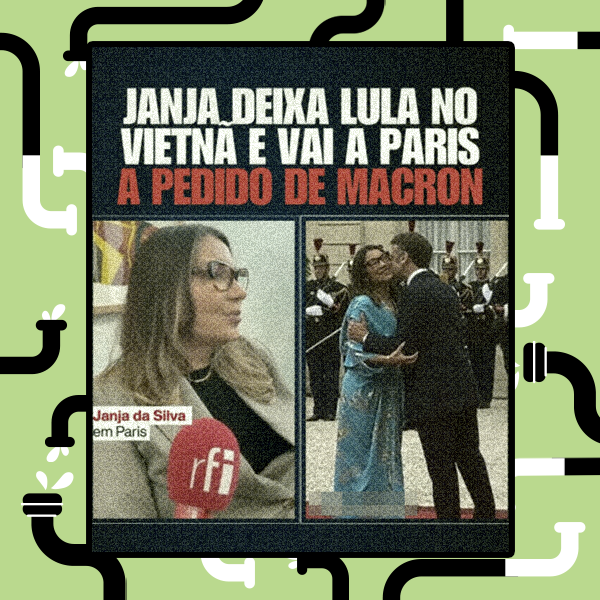 Post no Instagram formado por uma frase — ‘Janja deixa Lula no Vietnã e vai a Paris a pedido de Macron’ — e duas imagens. À esquerda, Janja, de blazer bege e camisa preta, fala ao microfone que tem o logotipo da RFI. À direita, Macron, de terno, beija rosto de Janja, que está de vestido azul.
