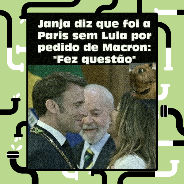 Em primeiro plano, Macron, de terno, sorri para Janja, que retribui o sorriso. Ao fundo, Lula olha a cena. Acima da imagem, há a frase ‘Janja diz que foi a Paris sem Lula por pedido de Macron: fez questão’.