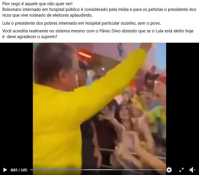 Print de um vídeo mostrando Jair Bolsonaro de costas, vestindo uma camisa amarela, acenando para uma multidão de apoiadores que tentam tocar sua mão. O texto acima da imagem critica a mídia e apoiadores de Lula, afirmando que Bolsonaro, mesmo internado em hospital público, é recebido com apoio popular.