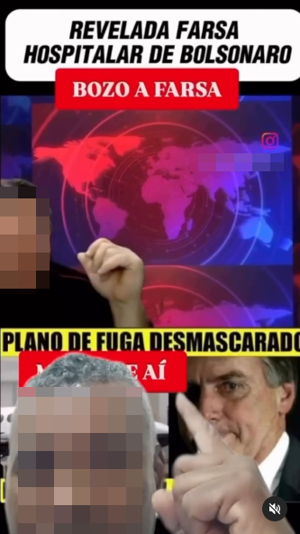 Montagem visual dividida em duas partes: na parte superior, aparece um fundo com um mapa mundi digital em vermelho e azul e uma pessoa com o rosto pixelado apontando o dedo para cima. Na parte inferior, aparece outra pessoa também com o rosto pixelado e ao lado, o ex-presidente Jair Bolsonaro No topo, há um texto em caixa alta dizendo ‘REVELADA FARSA HOSPITALAR DE BOLSONARO’ com uma tarja vermelha abaixo escrito ‘BOZO A FARSA’