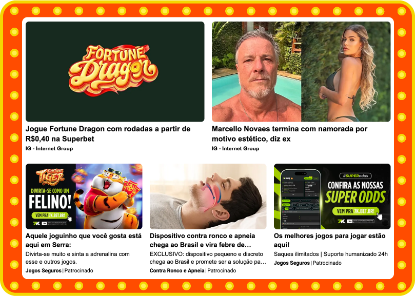 Imagem mostra exemplos de anúncios nativos em dois sites brasileiros de notícias, o iG e o Zero Hora. Os anúncios nativos de bets esportivas e jogos online simulam notícias reais do site