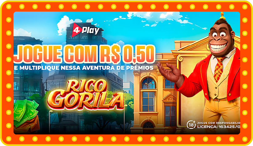 Imagem mostra um anúncio com fundo colorido e destaque para um gorila antropomorfizado, com feições sorridentes, vestindo terno vermelho, camisa amarela e gravata listrada. Ao lado do gorila está o texto: 'Jogue com R$ 0,50 e multiplique nessa aventura de prêmios – Rico Gorila'.