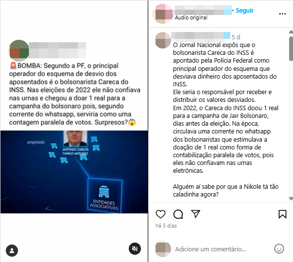Publicação no Facebook com fundo preto e texto centralizado em branco que diz: ‘Careca do INSS doou 1 milhão para a campanha do inelegível... Copiou?’. Abaixo da publicação, um comentário diz: 'Tudo dentro das quatro linhas kkk’.