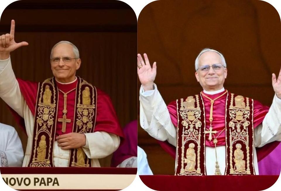Montagem com duas fotos do papa Leão 14, homem branco que veste túnica branca, manto vermelho e estola bordada. Ele está em uma varanda, acenando para uma multidão. À esquerda, ele faz um gesto com a mão formando a letra 'L'; à direita, acena com as duas mãos levantadas.