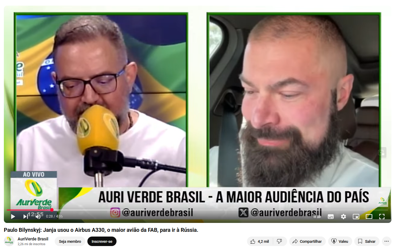Print do Youtube mostra vídeo da AuriVerde Brasil onde o apresentador, de camiseta branca, conversa com o deputado Paulo Bilynskyj, também de camiseta branca, que responde de dentro de um carro.