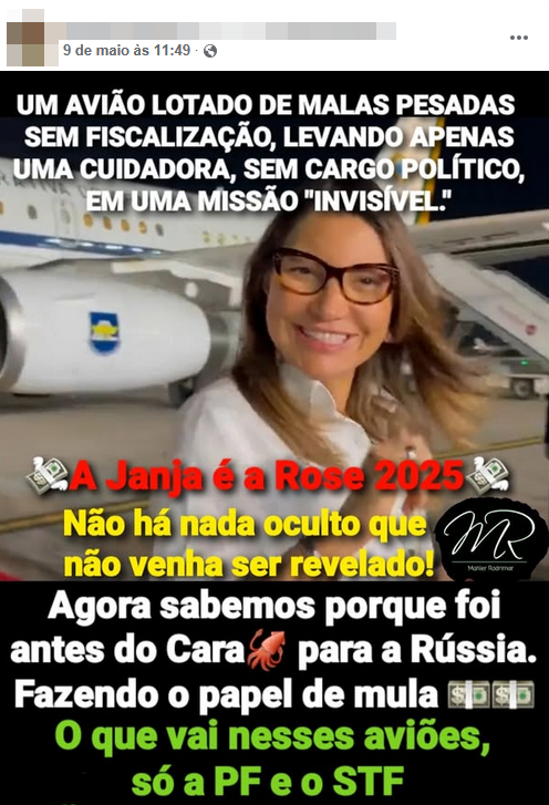 Foto de Janja, de branco, na frente de um avião da FAB. Há uma legenda escrita ‘um avião lotado de malas pesadas sem ficalização, levando apenas uma cuidadora, sem cargo político em uma missão invisível, Fazendo o papel de mula de dinheiro’.