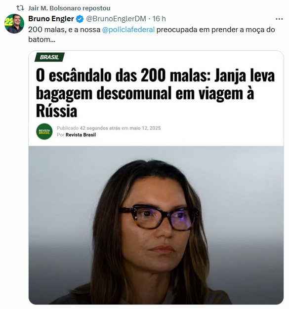 Texto da Revista Brasil com o título ‘O escândalo das 200 malas: Janja leva bagagem descomunal em viagem à Rússia’ foi publicada por Bruno Engler no X e compartilhada pelo ex-presidente Jair Bolsonaro