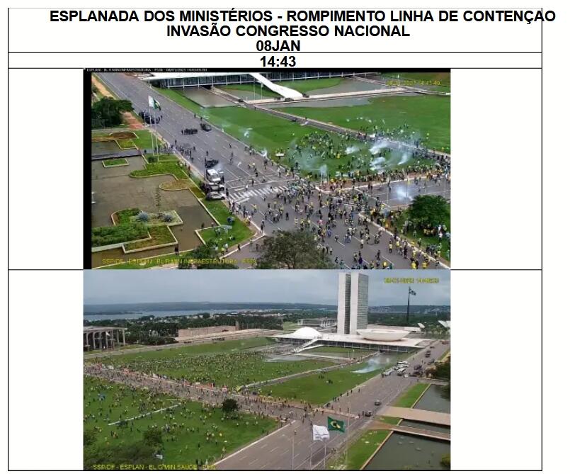 Print de relatório de Ricardo Cappelli, ex-interventor federal na segurança pública da capital federal, mostra o momento que a linha de contenção da PM do DF é rompida. O print é composto por duas imagens que mostram policiais tentando conter, sem sucesso, manifestantes que invadem a praça dos Três Poderes, em Brasília, no dia 8 de janeiro de 2023.