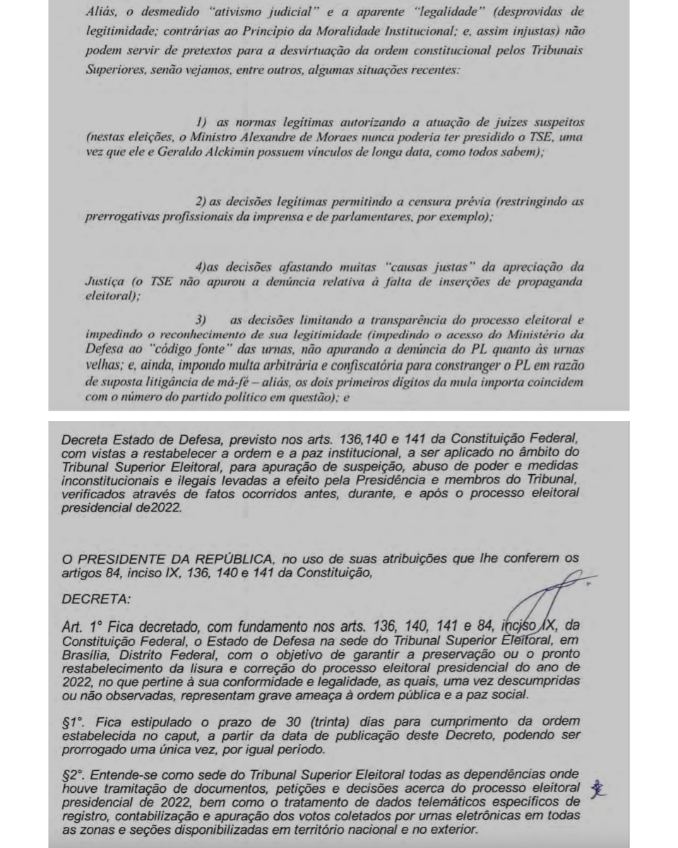 Print que mostra acima trecho da minuta da GLO (Garantia da Lei e da Ordem) apresentada por Jair Bolsonaro (PL) no dia 7 de dezembro de 2022, em reunião com chefes das Forças Armadas, no Palácio do Alvorada, e um trecho da minuta de Estado de Defesa (abaixo), encontrada na casa do ex-ministro da Justiça, Anderson Torres. Os documentos estão anexados ao depoimento prestado no dia 2 de março de 2024, pelo general Marco Antônio Freire Gomes, à Polícia Federal.