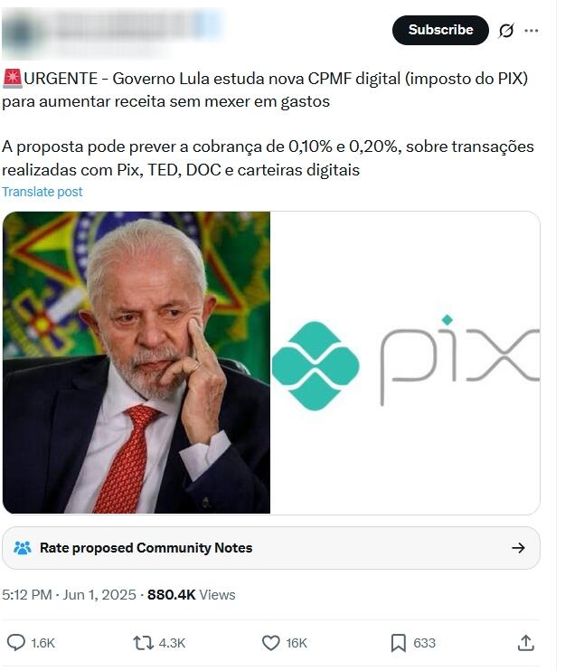 Print de post que compartilha uma imagem dividida ao meio. Do lado esquerdo está o presidente Lula — homem branco de cabelo branco, que aparece usando um terno azul marinho, gravata vermelha com pontos brancos e camisa social branca. Do lado direito está a logomarca do Pix —um losango de arestas arredondadas, na cor verde água, entrecruzado por uma letra ‘X’ branca estilizada. Legenda enganosa diz: ‘Governo Lula estuda nova CPMF digital (imposto do Pix) para aumentar receita sem mexer em gastos. A proposta pode prever a cobrança de 0,10% e 0,20% sobre transações realizadas com Pix, TED, DOC e carteiras digitais.