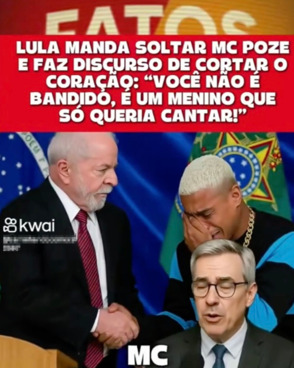 Print de um post no Instagram que mostra uma imagem gerada por inteligência artificial representando o presidente Lula — um homem branco de cabelos grisalhos, que usa um terno preto, uma camisa branca e uma gravata com listras em vermelho e preto —, e o cantor Marlon Brandon Coelho Couto, o MC Poze do Rodo — rapaz negro com cabelos descoloridos, que usa uma corrente de ouro no pescoço e um suéter com listras em preto e azul. Abaixo, aparece um apresentador gerado por inteligência artificial — homem branco, de cabelos grisalhos, que usa óculos, terno cinza, camisa branca e gravata azul. Acima, está a frase em branco sobre um fundo vermelho: ‘Lula manda soltar MC Pose (sic) e faz discurso de cortar o coração: ‘você não é bandido, é um menino que só queria cantar!’.