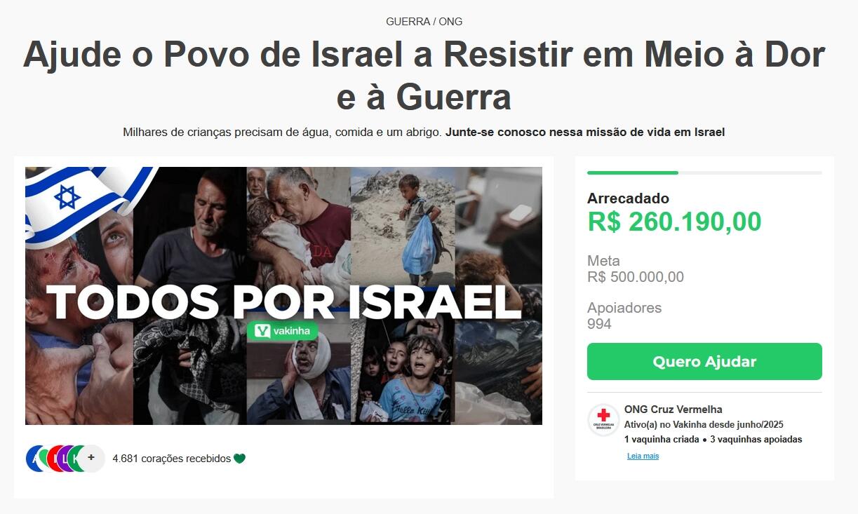 Página que simula uma campanha de arrecadação no site Vakinha, com o título ‘Ajude o Povo de Israel a Resistir em Meio à Dor e à Guerra’. Abaixo do título, há uma descrição sobre a necessidade de água, comida e abrigo para crianças. No centro, uma colagem com fotos de pessoas feridas, crianças chorando e cenas de destruição, com a frase ‘Todos por Israel’ sobreposta. À direita, uma caixa mostra que foram arrecadados R$ 260.190,00 de uma meta de R$ 500.000,00, com 994 apoiadores.