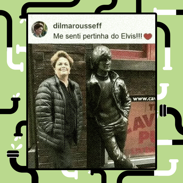 Uma montagem de captura de tela de post de rede social mostra a ex-presidente brasileira Dilma Rousseff ao lado de uma estátua de Elvis Presley. A imagem é em tons sépia. A postagem tem um coração de curtida e a legenda 'Me senti pertinha do Elvis!!!'