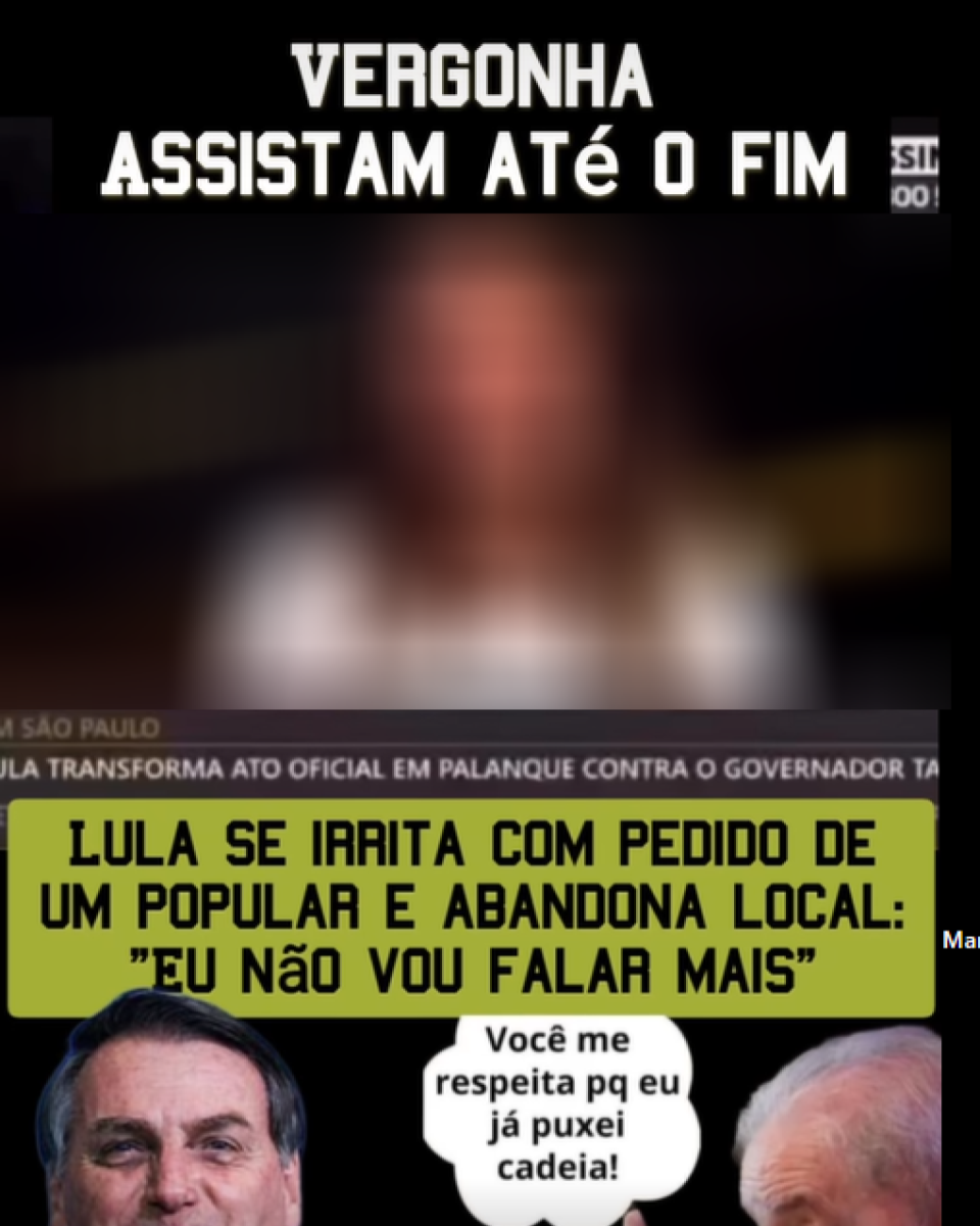 Montagem que circula nas redes mostra, no topo, os dizeres ‘VERGONHA – ASSISTAM ATÉ O FIM’. Abaixo, aparece uma imagem borrada de um vídeo, com a tarja de noticiário que diz: ‘Lula transforma ato oficial em palanque contra o governador Tarcísio’. No centro, lê-se: ‘LULA SE IRRITA COM PEDIDO DE UM POPULAR E ABANDONA LOCAL: ‘EU NÃO VOU FALAR MAIS’’. Na parte inferior, há fotos recortadas de Jair Bolsonaro e Luiz Inácio Lula da Silva. Bolsonaro aparece com um balão de fala que diz: ‘Você me respeita pq eu já puxei cadeia!’.