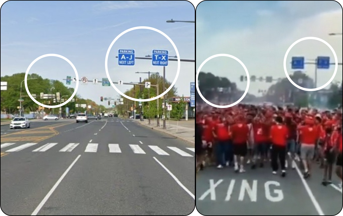 Comparativo entre duas imagens lado a lado. A imagem à esquerda mostra um trecho da Avenida Pattison, na Filadélfia, exibida pelo Google Street View. É possível ver que a vegetação e a sinalização ao fundo são iguais às que aparecem na imagem à direita, que retrata uma marcha de torcedores do Wydad Casablanca.