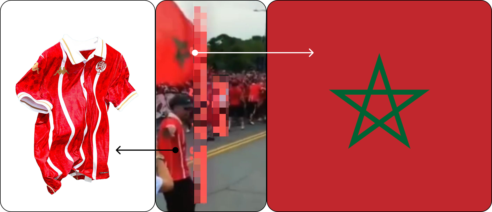 Frame de vídeo compartilhado nas redes mostra a bandeira do Marrocos sendo hasteada em meio a uma multidão de torcedores do Wydad Casablanca, além de um torcedor com a camisa do time marroquino.