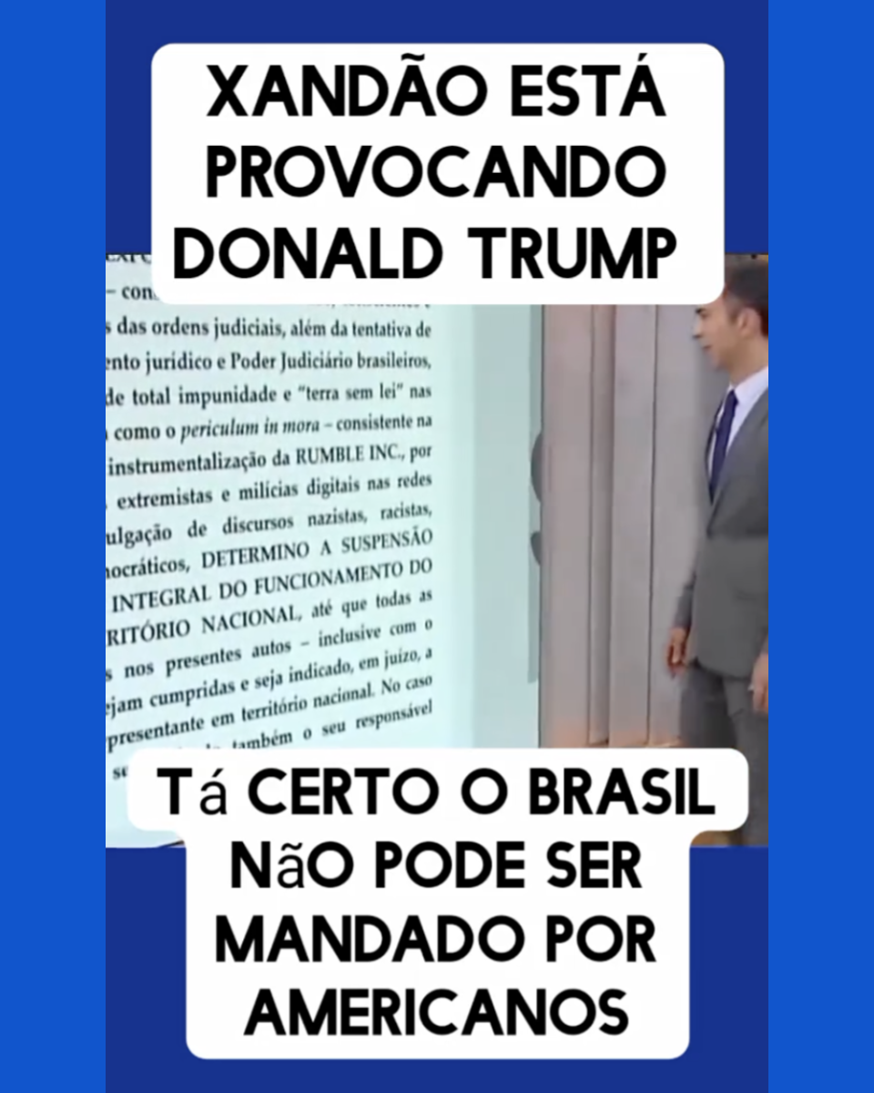 Print de publicação no Kwai mostra o jornalista César Tralli — homem branco de cabelos levemente grisalhos, que usa um terno cinza, uma camisa azul e uma gravata azul marinho. Ele está posicionado em frente a um telão com um documento à mostra. No print está escrito: ‘Xandão está provocando Trump. Tá certo, o Brasil não pode ser mandado por americanos.’