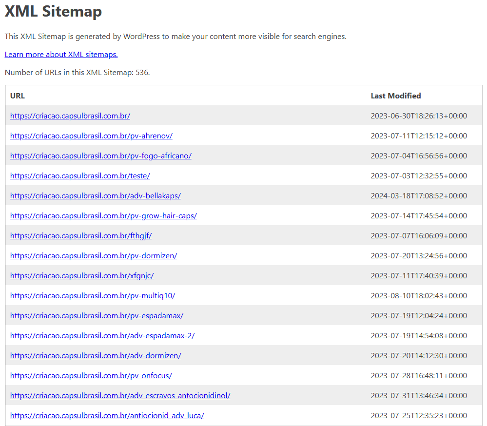 Captura de tela de um sitemap XML do site ‘criacao.capsulbrasil.com.br’, com uma tabela que lista 16 URLs de páginas e suas respectivas datas de última modificação. O título da página é ‘XML Sitemap’ e há uma descrição indicando que o sitemap foi gerado por WordPress para melhorar a visibilidade do site nos motores de busca. As URLs incluem páginas como ‘/pv-fogo-africano/’, ‘/adv-bellakaps/’, ‘/pv-grow-hair-caps/’, entre outras. No topo, há a informação de que o sitemap contém 536 URLs.