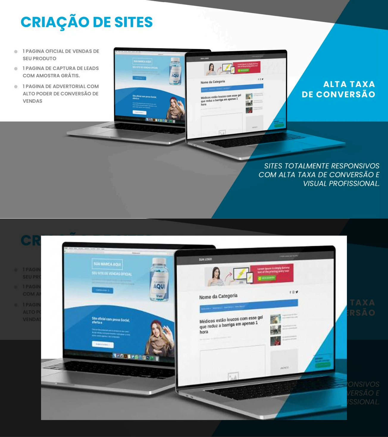 Slide de apresentação em tons branco, azul e cinza mostra dois laptops sob o título ‘criação de sites’. O primeiro traz site da MFP com um frasco de cápsulas em que se lê, no rótulo, a indicação de que é possível colocar ali uma marca própria. O segundo é uma página que mostra uma notícia falsa com o título ‘médicos estão loucos com esse gel que reduz a barriga em apenas 1 hora’.