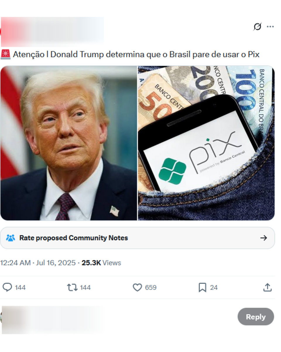 Print de post no X que compartilha duas imagens lado a lado. Na esquerda, é possível ver uma foto de Donald Trump — homem branco de cabelo loiro que aparece usando um terno azul, camisa branca e gravata roxa. Na direita, é possível ver a imagem do bolso de uma calça jeans com notas de R$ 50, R$ 100 e R$ 200, além de um celular que exibe na tela o logo do Pix. Legenda do post diz: ‘Atenção | Donald Trump determina que o Brasil pare de usar o Pix’