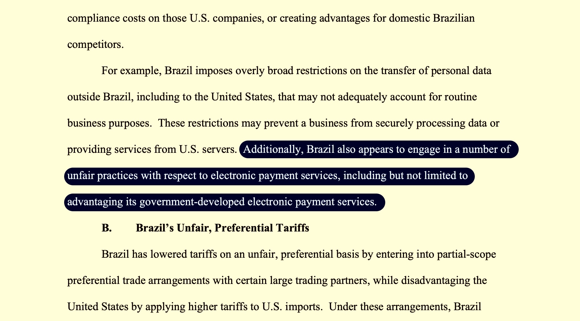 Trecho de documento divulgado pelo USTR tem trecho grifado em preto. Destaque diz que governo brasileiro adota ‘uma série de práticas desleais em relação a serviços de pagamento eletrônicos, incluindo, mas não se limitando a conceder vantagens a serviços de pagamento eletrônicos desenvolvidos pelo governo.’