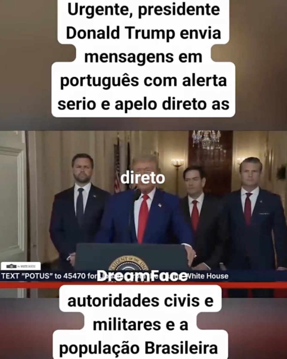 Print de vídeo publicado no Kwai que mostra o presidente americano Donald Trump — homem branco de cabelos grisalhos, usando terno azul marinho, camisa branca e gravata vermelha —, o vice-presidente americano, J.D. Vance — homem branco de cabelos castanhos, com terno e gravata escuras e camisa branca —, o secretário de estado, Marco Rubio — homem branco de cabelos pretos, terno preto, camisa branca e gravata vermelha —, e o secretário de defesa Peter Hegseth — homem branco de cabelos loiros, que usa um terno azul marinho, camisa branca e gravata vermelha. Na imagem, está a frase: ‘Urgente. Presidente Donald Trump envia mensagem em português com alerta sério e apelo direto às autoridades civis e militares e a população brasileira’.