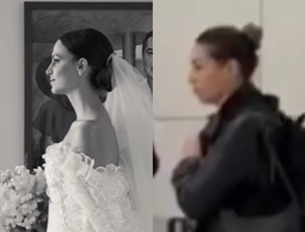 A imagem está dividida em duas partes verticais. No lado esquerdo, há uma fotografia em preto e branco de uma mulher vestida com um vestido de noiva branco, com detalhes florais e volumosos nas mangas. Ela está de perfil, olhando para a esquerda, com o cabelo preso em um coque baixo e usando véu. Ela segura um buquê de flores claras. Ao fundo, há uma pintura emoldurada na parede. No lado direito da imagem, há uma mulher de perfil, também com o cabelo preso em um coque. Ela veste roupas escuras e carrega uma mochila preta. A imagem está em cores e ligeiramente desfocada. O fundo é claro, com linhas horizontais e verticais sugerindo uma parede ou estrutura interna.