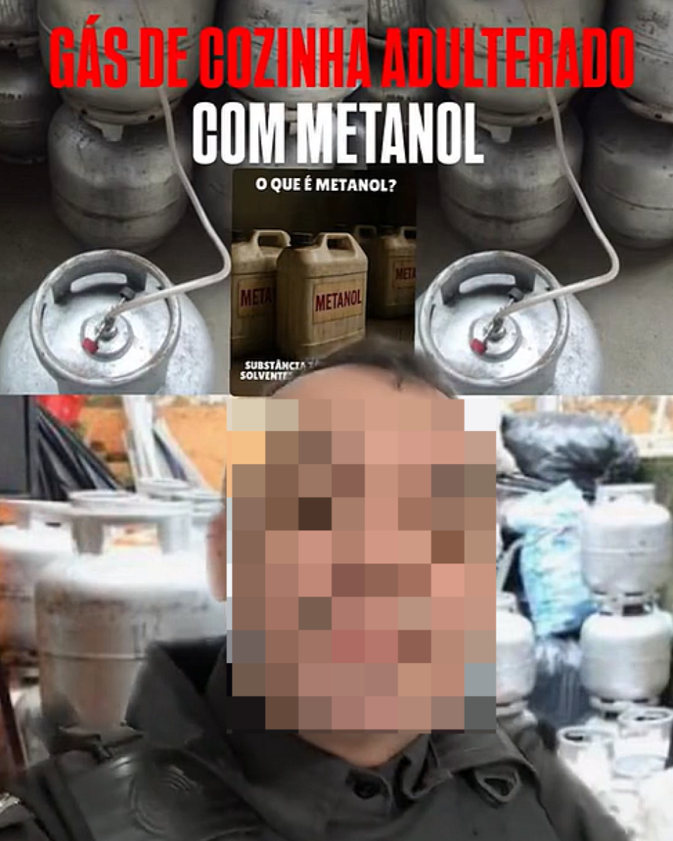 Print de vídeo compartilhado no TikTok. A imagem mostra botijões de gás empilhados em um ambiente externo. Na parte superior, há a frase 'Gás de cozinha adulterado com metanol' em letras grandes e vermelhas, acompanhada de uma imagem de galões marrons rotulados com a palavra 'Metanol'. Na parte inferior, aparece uma pessoa de uniforme escuro, com o rosto pixelado pelo Aos Fatos para preservar sua identidade, posicionada em frente aos botijões.