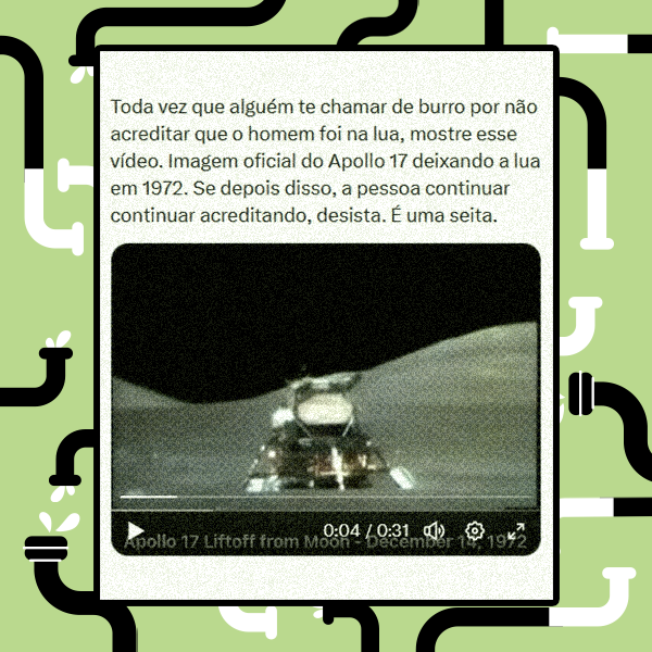 A imagem é uma captura de tela de uma postagem digital, composta por um reprodutor de vídeo e um texto acima dele. O quadro do vídeo, que é granulado e em preto e branco, exibe um módulo de pouso sobre uma superfície clara, com uma elevação curva ao fundo sob um céu escuro; a interface do player mostra o título 'Apollo 17 Liftoff from Moon - December 14, 1972' e o tempo '0:04 / 0:31'. O texto superior, em português, com letras pretas sobre um fundo claro, afirma: 'Toda vez que alguém te chamar de burro por não acreditar que o homem foi na lua, mostre esse vídeo. Imagem oficial do Apollo 17 deixando a lua em 1972. Se depois disso, a pessoa continuar acreditando, desista. É uma seita.'