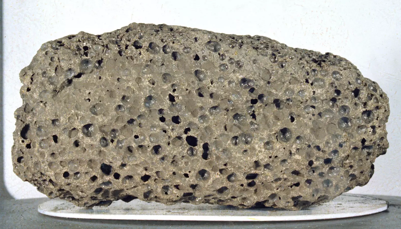 A imagem apresenta uma rocha de formato irregular, predominantemente cinza-escura, com numerosas cavidades esféricas de tamanhos variados por toda a sua superfície, algumas das quais contêm material translúcido. A textura da rocha é áspera e porosa, e ela repousa sobre uma superfície clara e plana.
